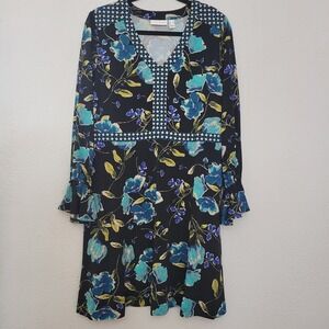 Susan Graver Floral Print Dress Long Sleeve V Neck Black Blue Medium Jersey Knit